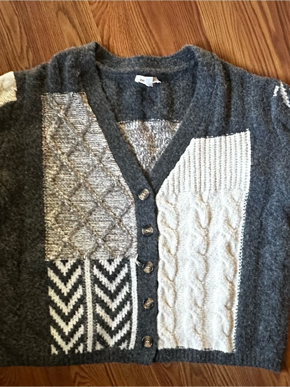 ee:some Patchwork Cable Knit Fuzzy Cardigan Sweater S/M Boho Grandpa Style